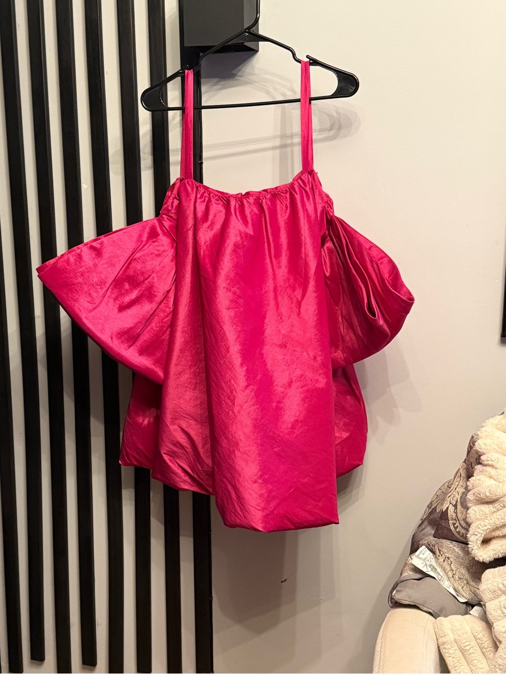 Fuchsia Satin Puff Sleeve Spaghetti Strap Top